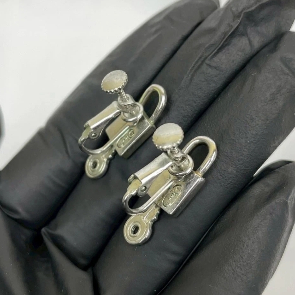 RARE Vintage Dior Lock Key Padlock Clip On Screw Back Earrings Silver Tone Logo - Picture 5 of 8
